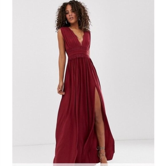 ASOS Burgundy Lace Insert Pleated Slit Maxi Dress 8 - Picture 1 of 14